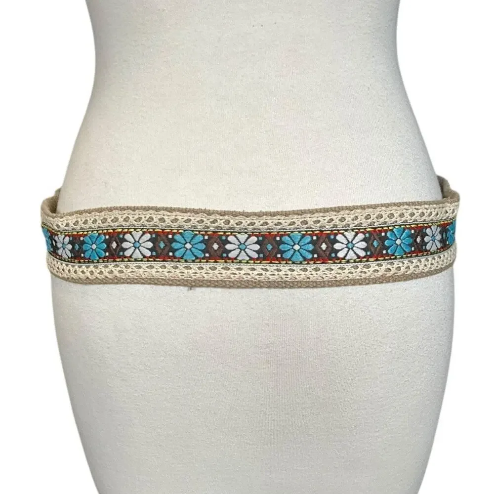 Y2K Boho Hippie Festival Belt Floral Embroidered O-Ring Crochet Retro Indie